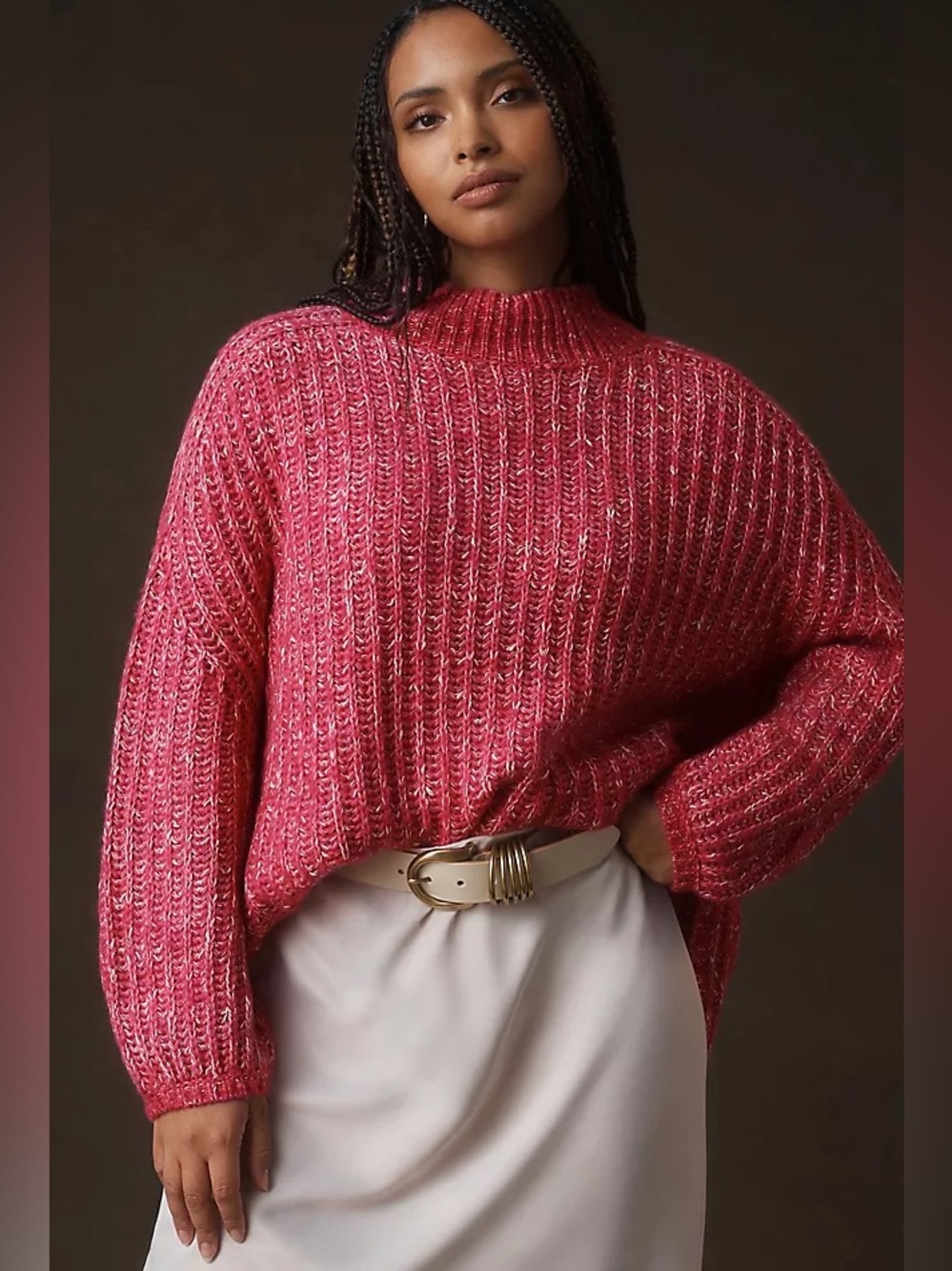 Pilcro Anthropologie Chunky Mock Neck Sweater Magenta Pink Marled Side Slit XXS